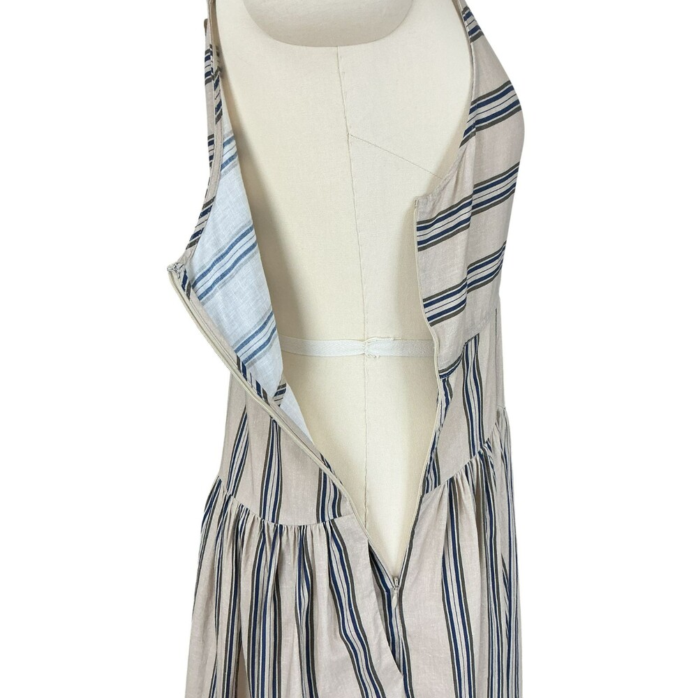 Anthropologie Plenty Linen Fit & Flare Midi Dress L Beige Striped Cutout Tiered - Picture 13 of 16
